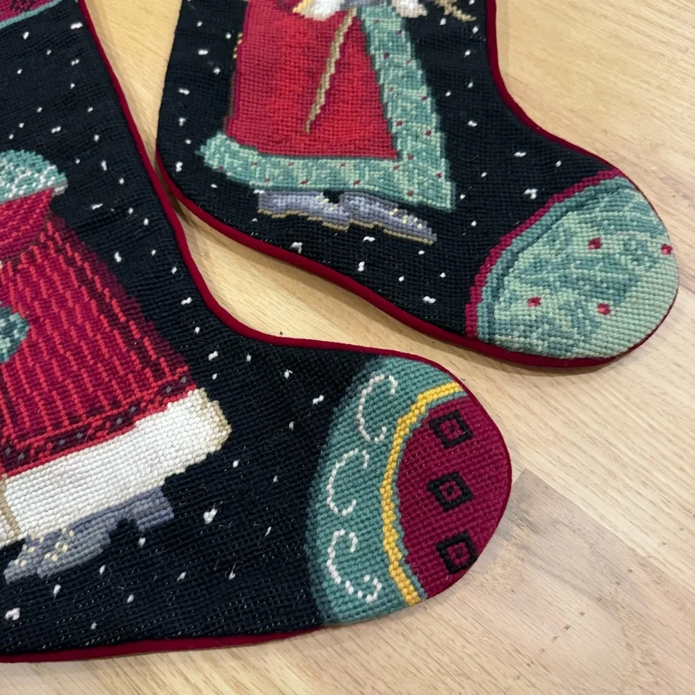 2 Vintage Wool Christmas Stockings Santa   Needlepoint  19